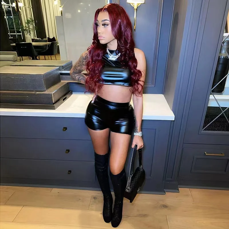 

2022 new Arrivals PU Leather two piece shorts set tight fitting sexy backless vest and short pants 2 pc club outfit women