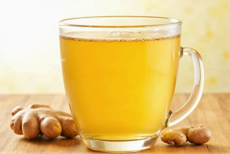 Fresh ginger root and homemade ginger tea in a clear glass mug