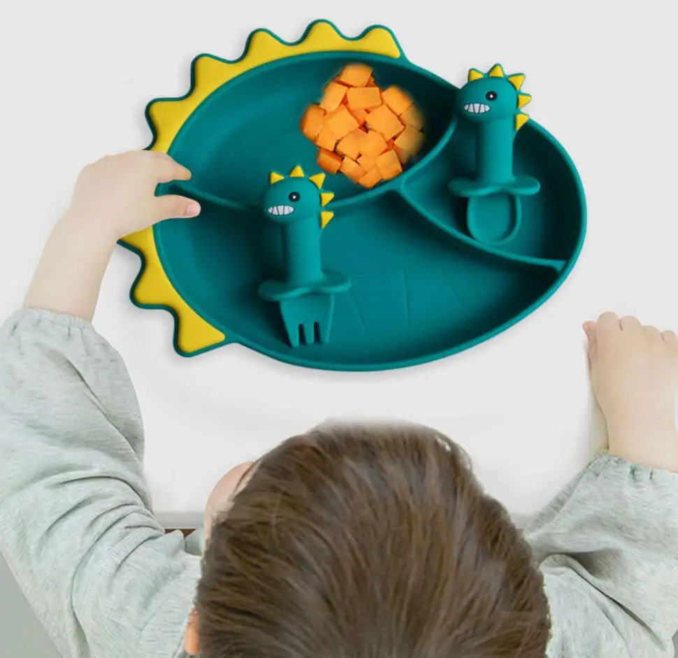

DUMO Dinosaur Children's Dinner Plate Silicone Suction Cup Set Baby Self-feeding Device Baby Spoon Fork Suction Cup