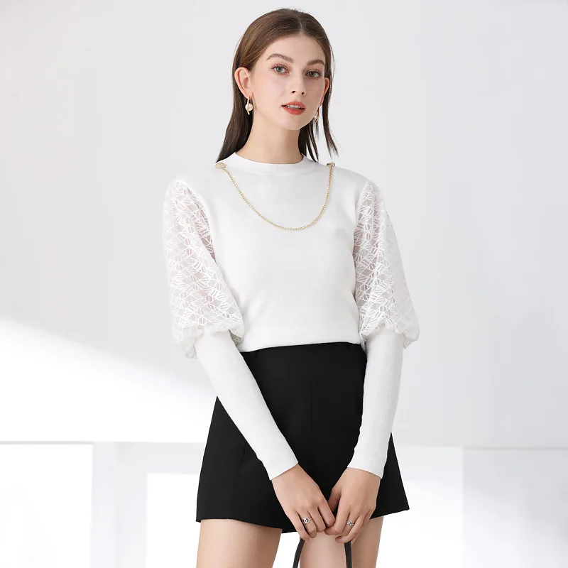 

Wholesale Casual Long Puff sleeved Loose O-neck Fashion Lace Stitching Soft Knitted Ladies Pullover Women's Sweater Tops, Customized color