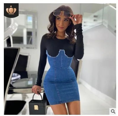 

2021 Spring Fashion Young Ladieswomen wear clothing long sleeves off shoulder irregular leopard patchwork bodycon ladies dress, Customized color