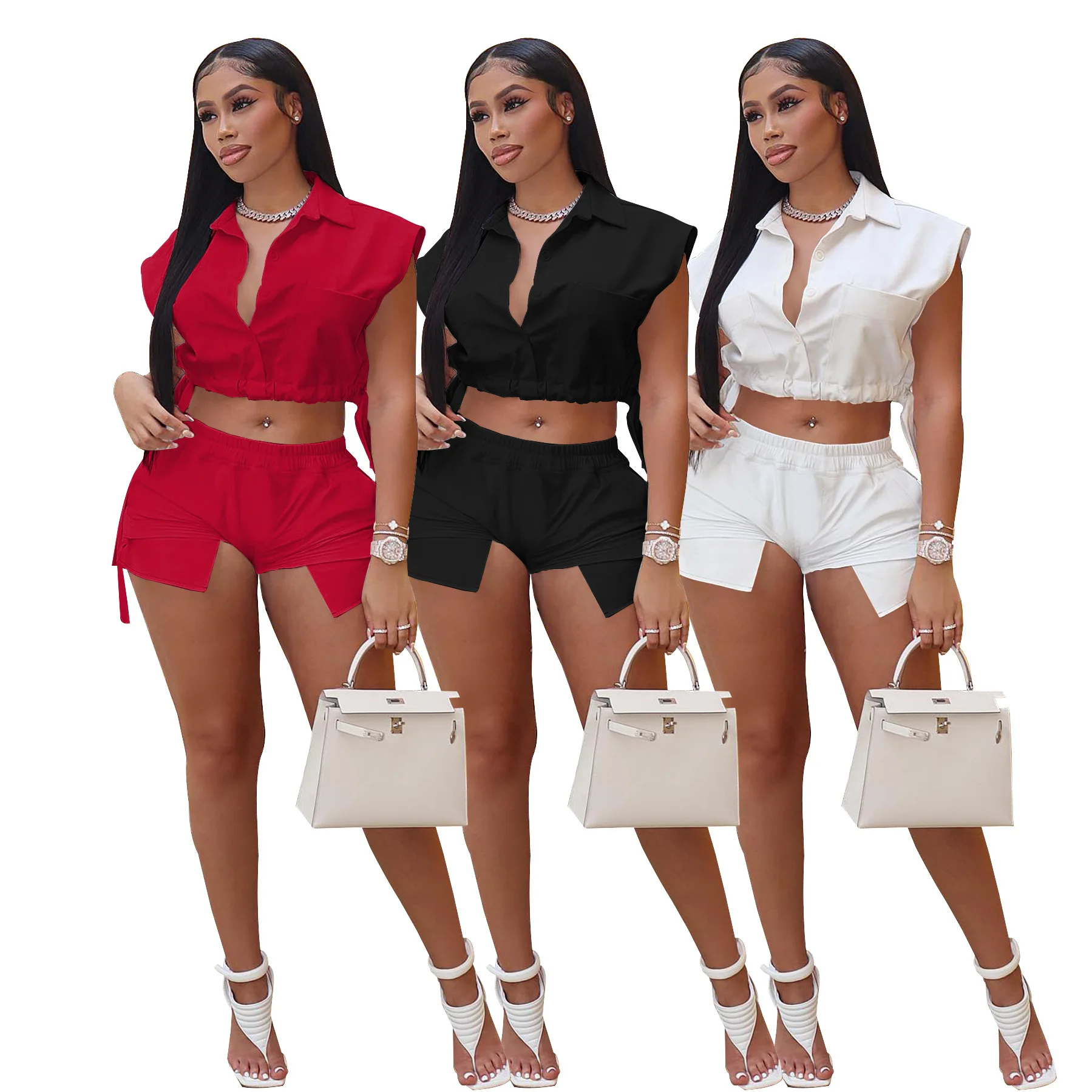 

Trending Products 2022 Women'S Street Wear Zipper Sleeveless Shirt And Short Set Fashion 2 Piece Shorts Women Set Clothing