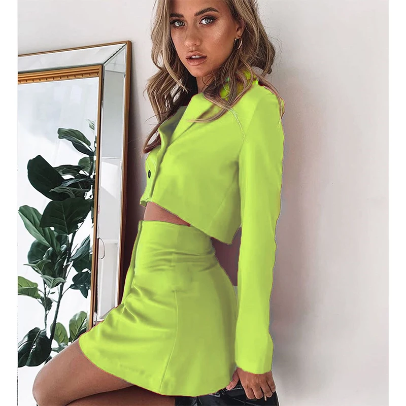 

Custom OEM Neon Green Blazer Crop Top And Bodycon Two Piece Skirt Set