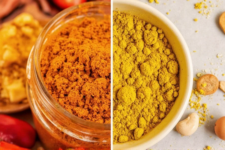 Spice rack with various curry pastes and powders arranged neatly