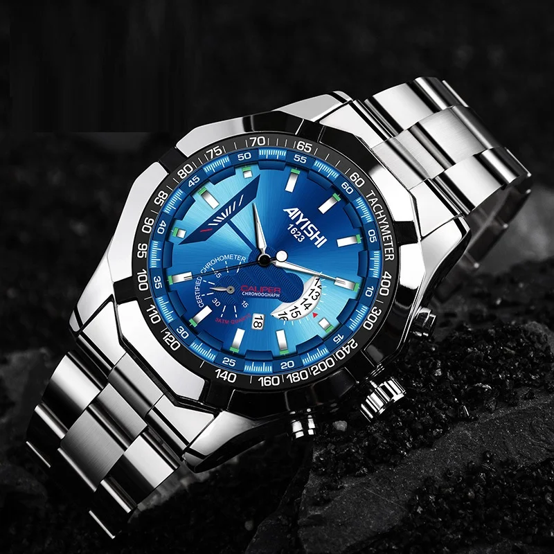 

Hot Sale AIYISHI 1623 Luxury Men's Fashion Quartz Watches Stainless Steel Calendar Waterproof Wristwatch Luminous Chain Watch