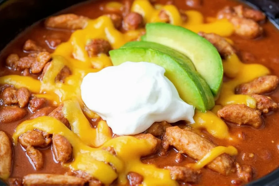Close-up of slow cooker chicken chili with melted cheese, avocado slices, and sour cream topping