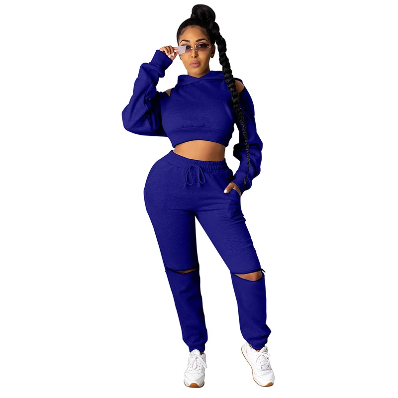 

New Design Sexy Two Piece Hoddies and Butt Lifter Yoga Pants Women Sweatsuit Set Blue for Women Adults Spring Breathable