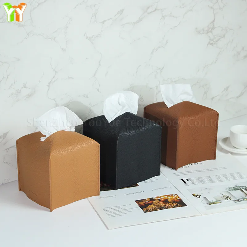 

Square Type Modern Tabletop Tissue Box PU Leather Car Paper Tissue Box Holder with Magic Sticky for Home Living Room, White,pink,orange,black,wine red