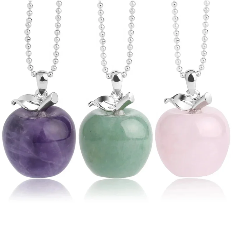 

Healing Crystal Energy Stone Apple Charm Purple Amethyst Apple Pendant Necklace For Female Women Gift, White