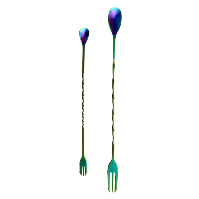 

Many Color Stainless Steel Spiral Pattern Long Handle Cocktail Shaker Bar Mixing Spoon with Fork