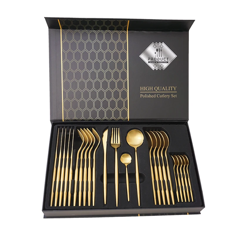 

OEM/ODM Available 24pcs Portugal Steak Spoon Fork Knife Gold Cutlery Set Stainless Matte Flatware Set Stainless Steel