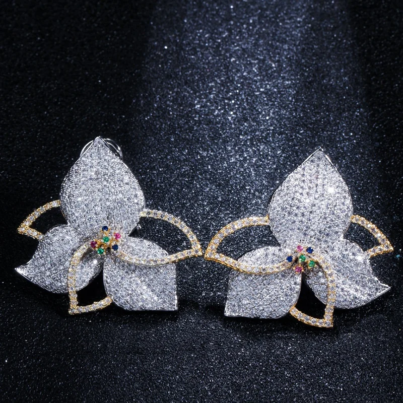 

Beautiful Large Leaf Flower Multicolor Cubic Zircon Crystal Paved Women Wedding Earrings Luxury Ear Jewelry, Picture shows