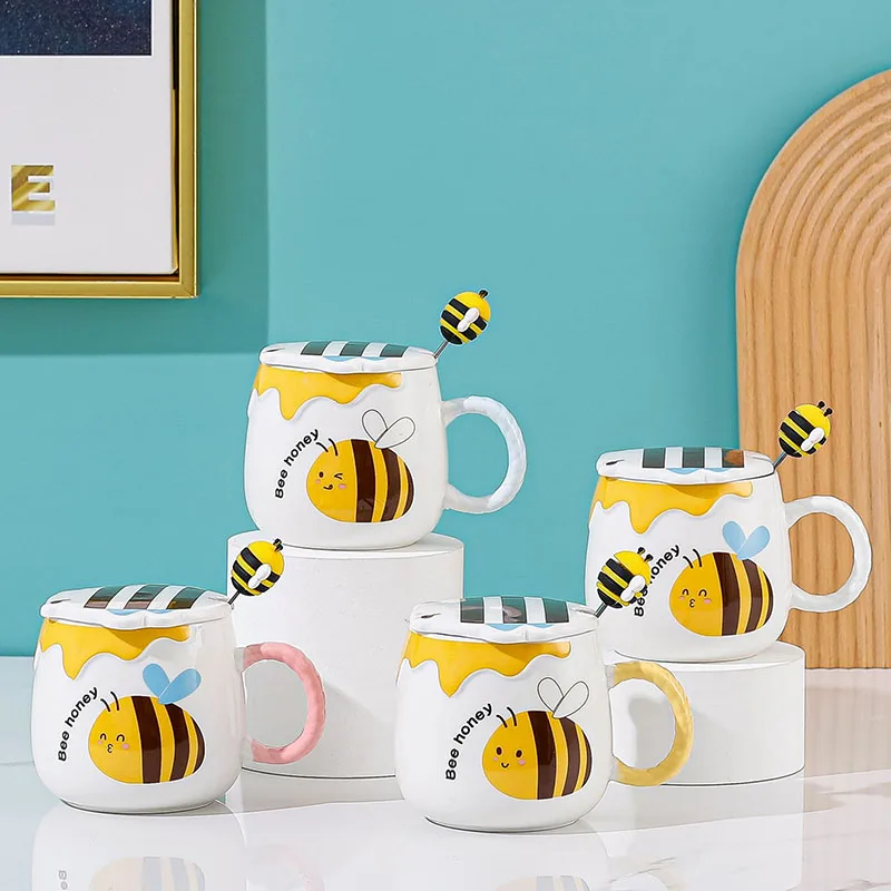 

UCHOME Creative cartoon cute bee jar shape office home ceramic mug with lid, Mix color