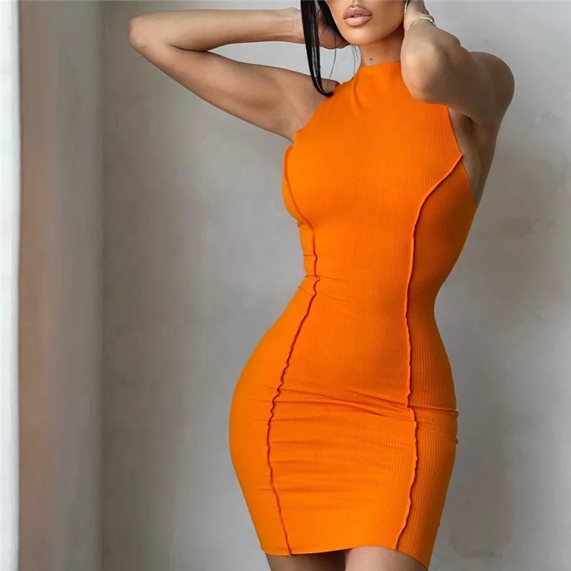 

Casual Women Solid Color Sleeveless Bodycon Dress Sexy Rib Knit Dresses Ladies Tight Cut Out Fashion Dress