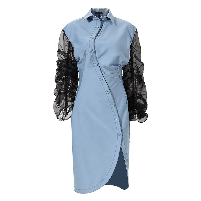 

OUDINA Fashionable Mesh Sleeve Puff Sleeve Blue Long Dresses Fall Ladies Women Shirt Dress