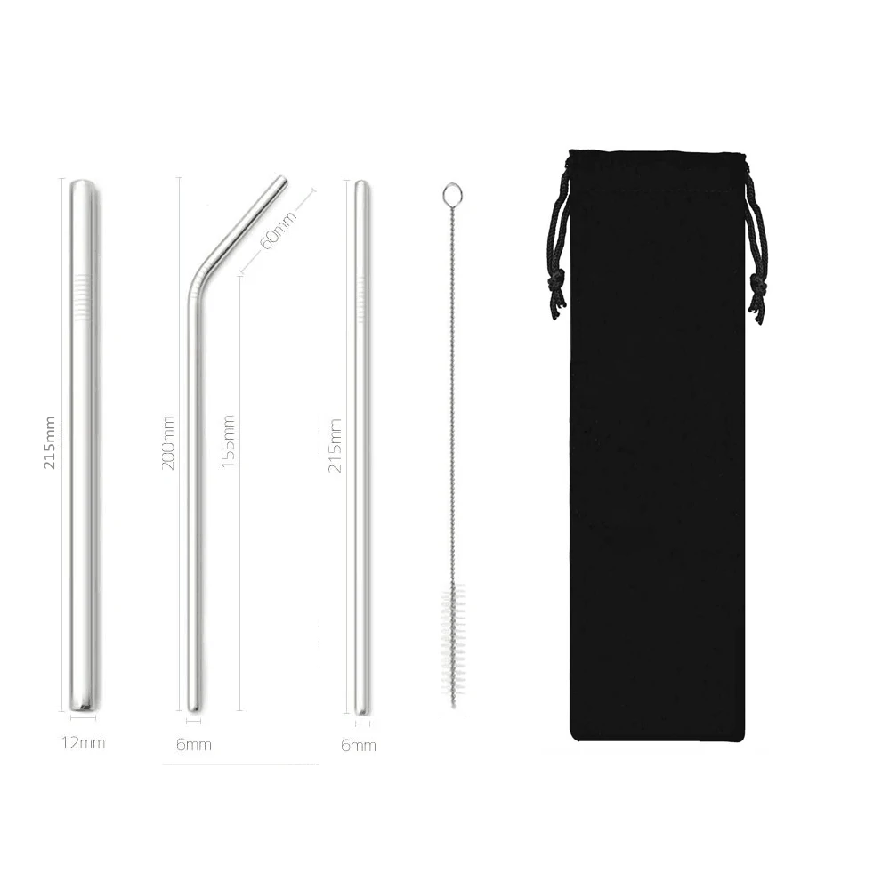 

OEM 3pc 4pc Sets 215mm Food Grade 304 Stainless Steel reusable Straw Silver Metal Drinking Straw With Portable Bag