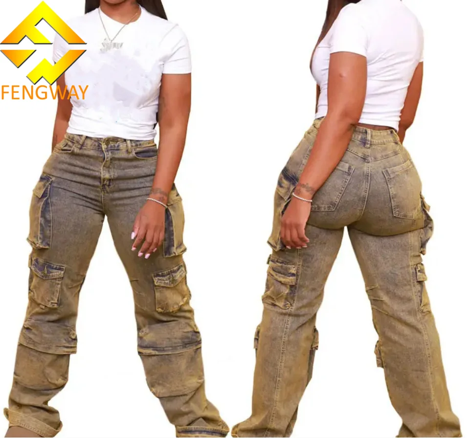 2025 Summer Women Cargo Pants Women Vintage Washed and Old Pants Casual Straight Multi Pocket Women Denim Pants