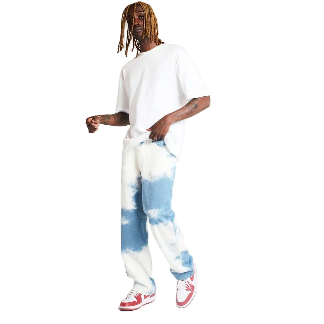 

2020 Vintage Fashion Sky Blue And White Cloud Tie Dye Pants Designers Men's Jeans Denim Trouser, Faded color