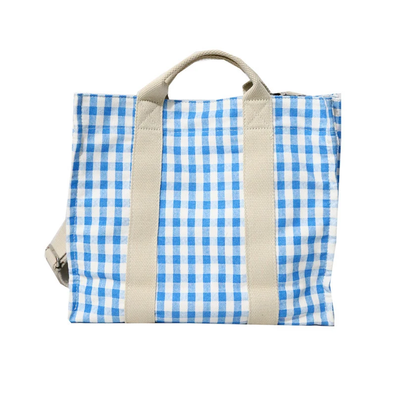 

Wholesale Reusable Canvas Plaid Shoulder Tote Bag Travel Shopping Handbag Eco-friendly Leisure Purse for Ladies Girls