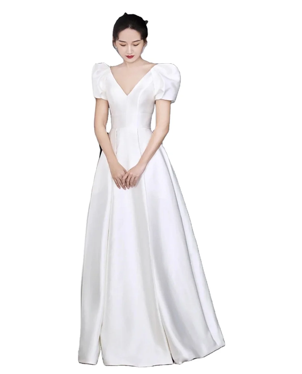 

New Satin Simple Floor Length Deep V-neck Bubble Sleeve Wedding Dresses Girls Evening Dress Bridal Gown