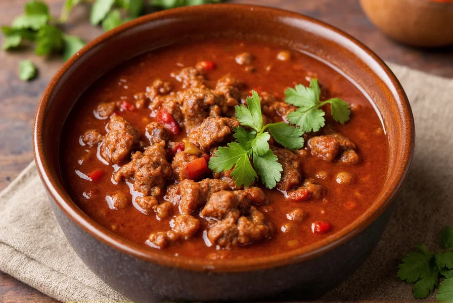 Bowl of traditional Texas-style chili con carne with tender beef chunks, rich red broth, and garnished with fresh cilantro on a rustic table