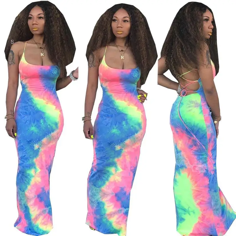 

2021 Fashion Print High Side Slit Backless Bandage Sexy Long Summer Women Dresses, As photo showed