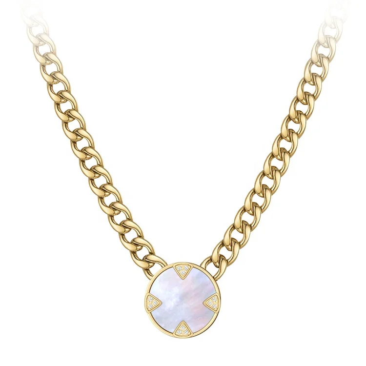 18K Gold Plated Stainless Steel Jewelry Cuban Chain Shell Zircon Round Card Pendant INS Accessories Necklaces P223288