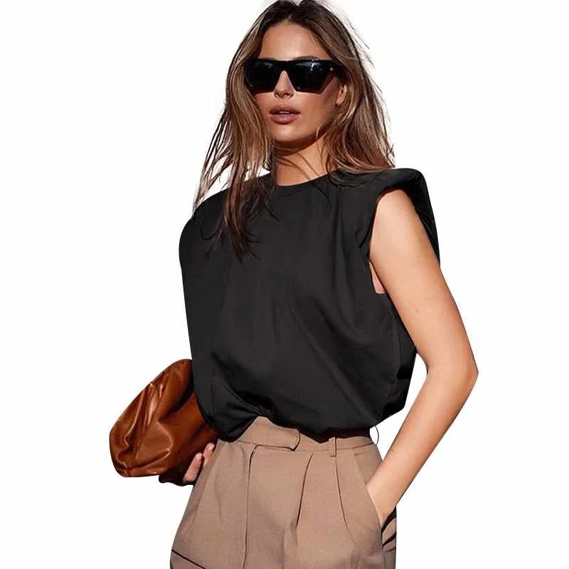

Women Clothing Tops Blouse Sleeveless Shoulder Pad Loose-Fitting T-shirt Vest for Women