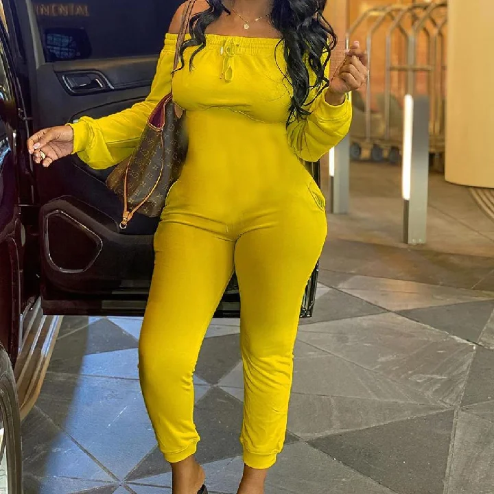 

Fall New Off Shoulder One Piece Long Sleeve Solid Color Casual Jumpsuits 2021 maxi Rompers Womens Clothing Boat Neck Jumpsuit, Fluorescent green,blue,pink,yellow,red