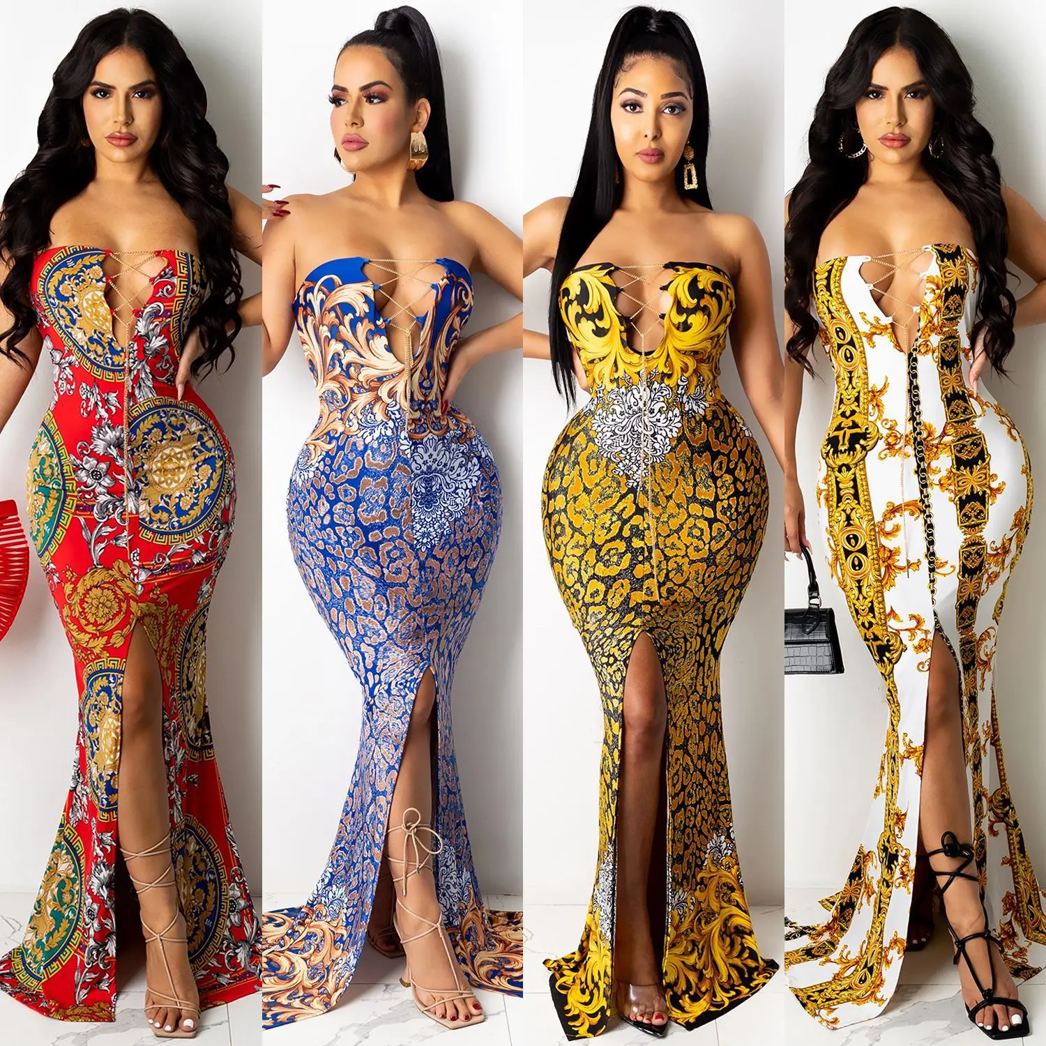 

New Arrivals Summer Sexy Bodycon Maxi Dress Sleeveless Floral Print Slit One-piece Dress Women Plus Size Dress, Picture color