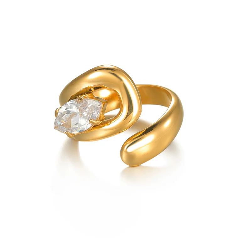 Fashion Waterproof Women Jewelry Stainless Steel 18k Gold Plated Asymmetrical Zircon Open Ring Non Tarnish YF6027