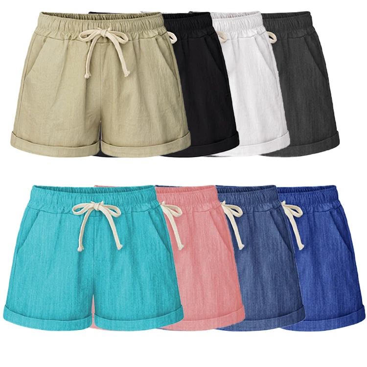 

2021 Summer Trendy Cotton Linen Drawstring Shorts For Women Plus Size Fashion Casual Solid Color Women'S Shorts