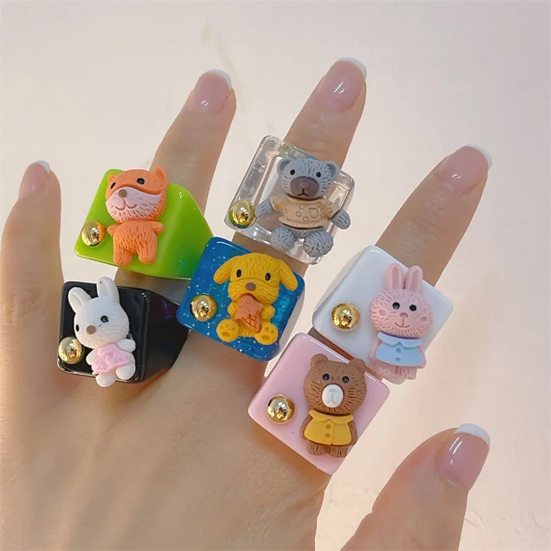 

YJ21R62 Ins Cute Child Rings Resin Acrylic Bear Fox Rabbit Rings For Women Girl, Picture shows