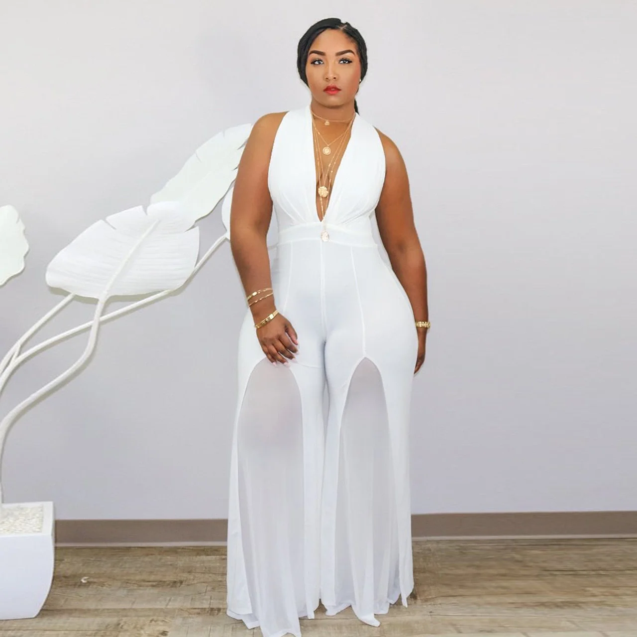 

Summer 2021 hot sale 5XL plus size chiffon jumpsuit women deep V neck sleeveless rompers fashionable wide leg pants