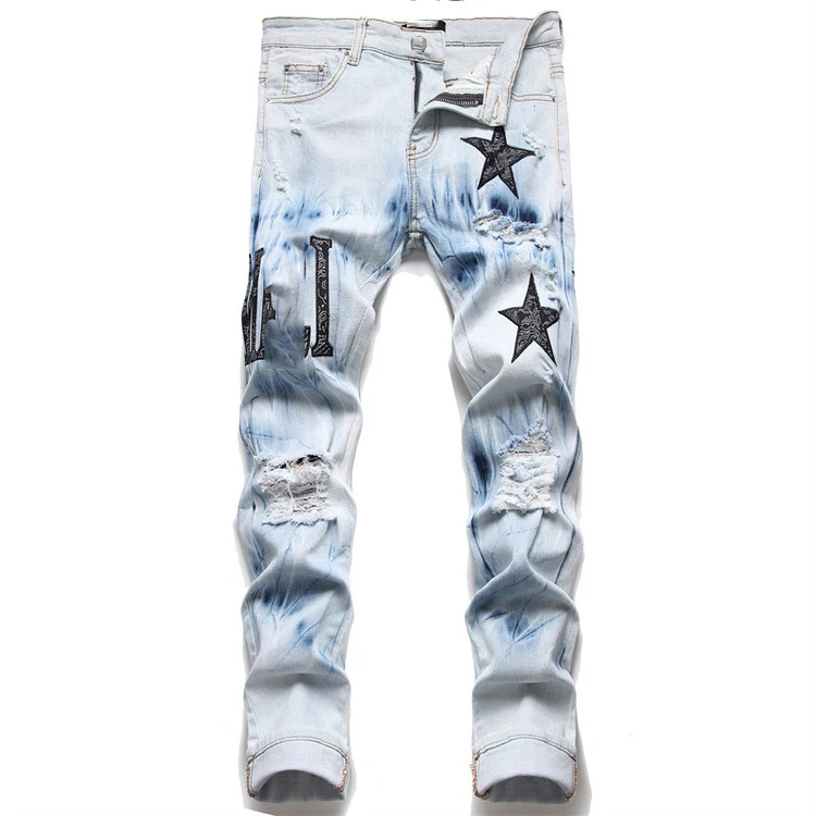 

Wholesale Five-pointed Star Embroidery Denim Jeans Mens Washed Ripped Skinny Jeans Men