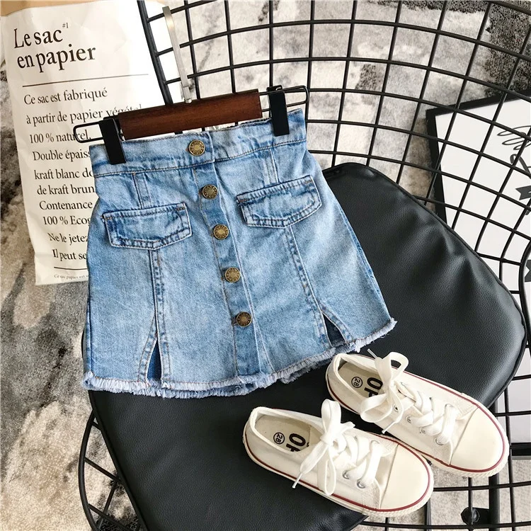 

2021 Summer Baby Girl Skirt Fashion Children Denim Solid Color Button Jeans Shorts Culottes Girls Clothing for 3-7T Kids, As picture