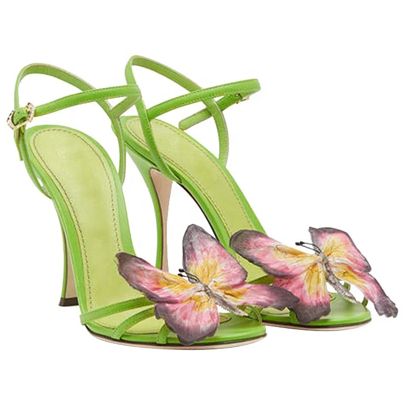 

New arrival low price custom made butterfly green peep toe ankle strap super high heel dressing wedding party women heel sandals