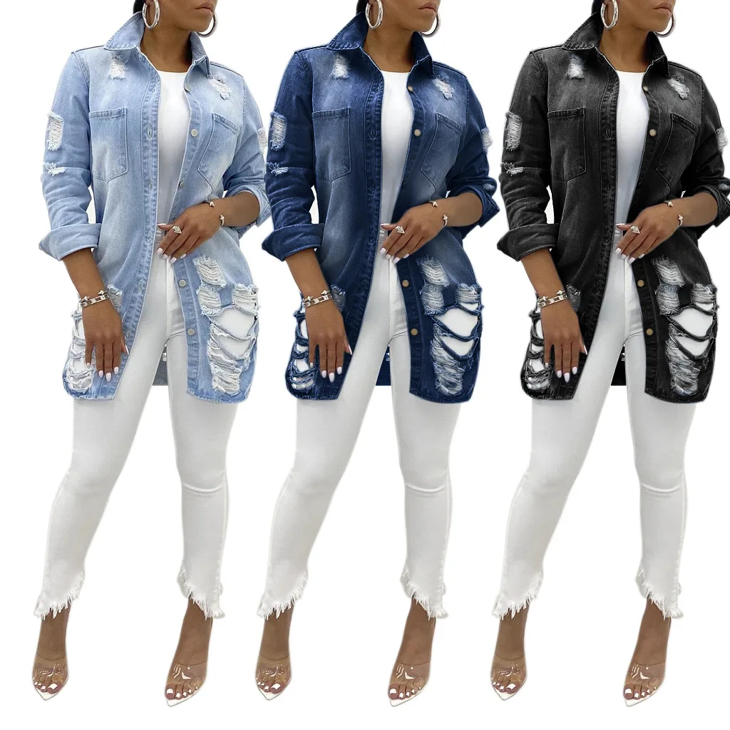 

Ripped long-sleeved denim long jacket Sexy fashionable women's denim coat
