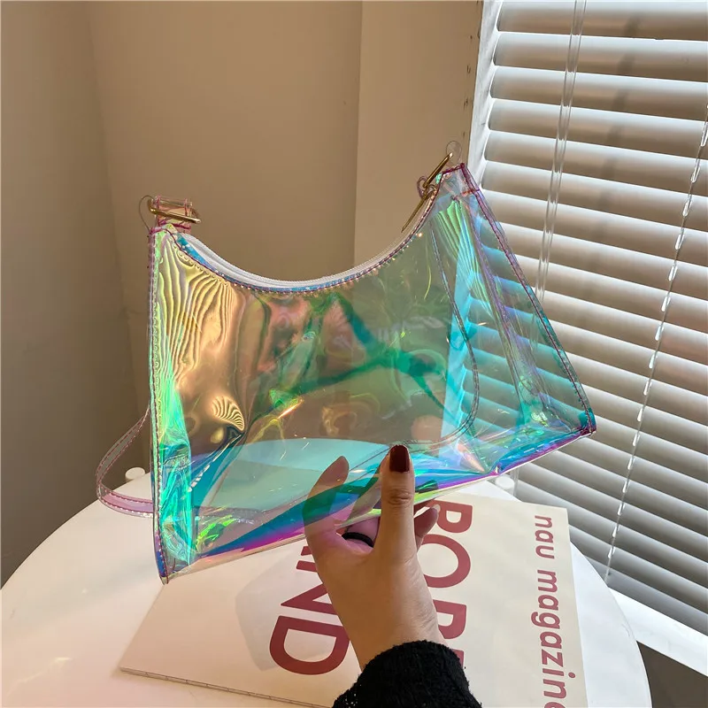 

Popular new design girls rainbow crossbody tote bag chain mobile phone bag fashion transparent purses for women
