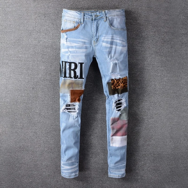 

2021 Latest style men light blue slim fit patchwork embroidery stretch skinny jeans