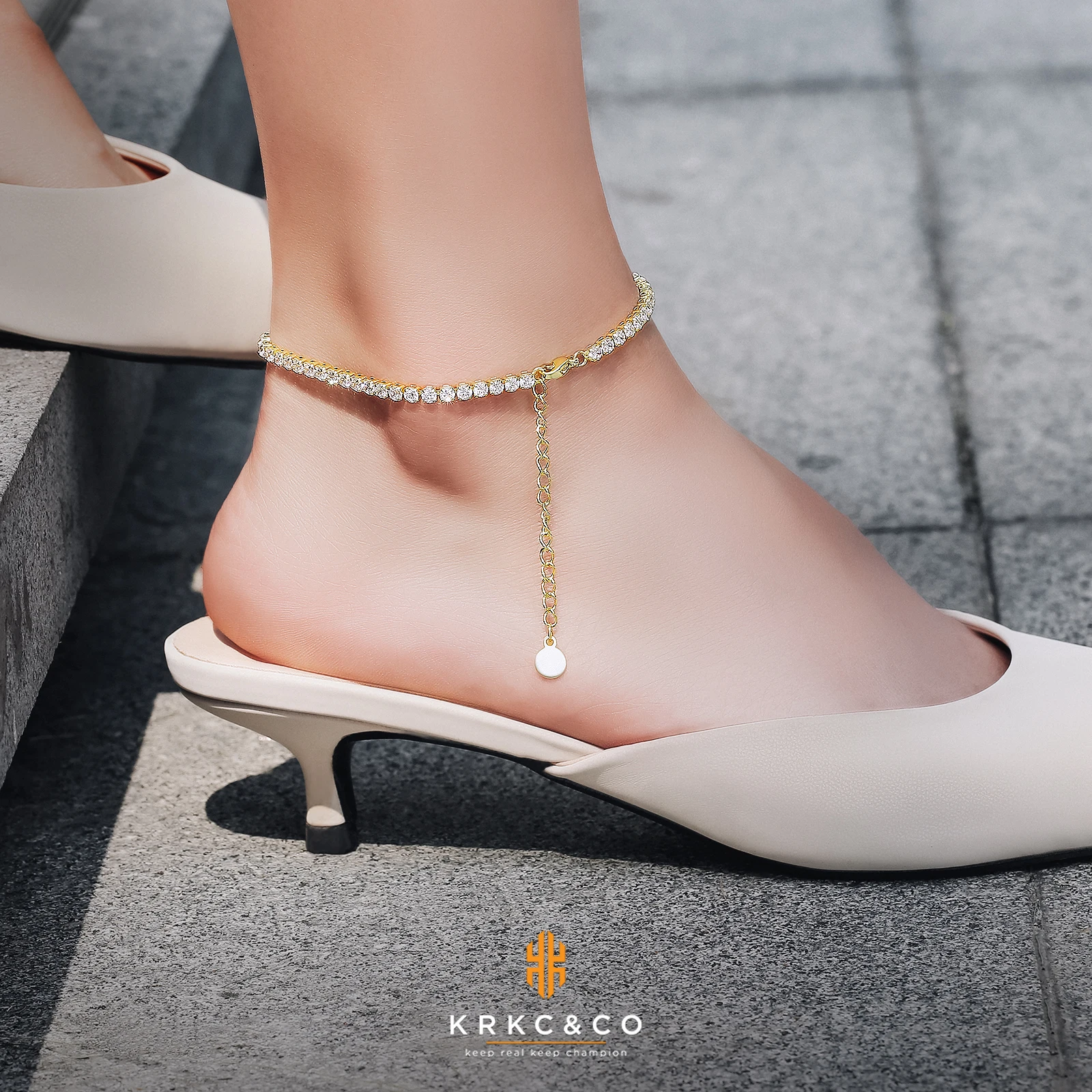 

KRKC 2021 Dainty Jewelry Women Iced Out 3A CZ Anklet Ankle Bracelet Gold Plated Stainless Steel Adjustable Tennis Diamond Anklet, Rose gold/gold/silver
