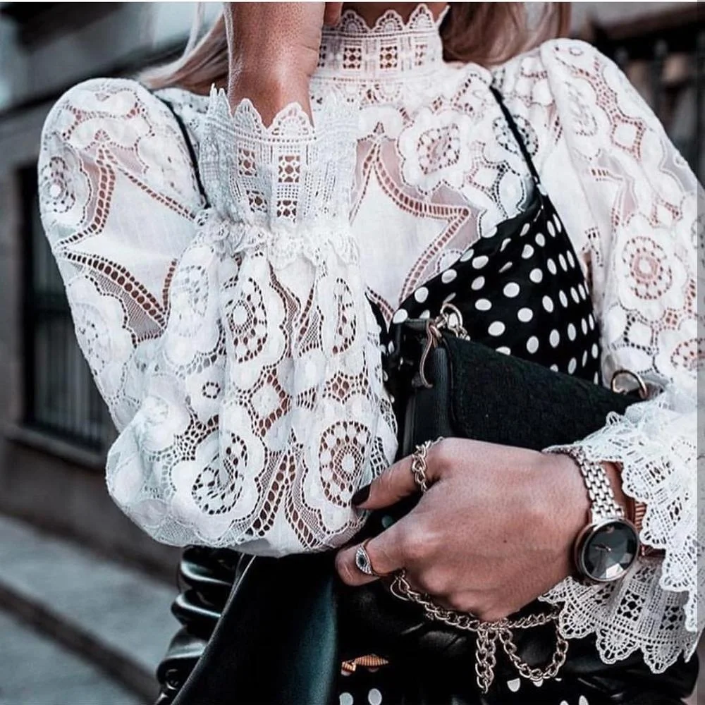 

Fashion Ladies Loose Blouse Shirts femme Stand Collar Women Lace Tops, White, black