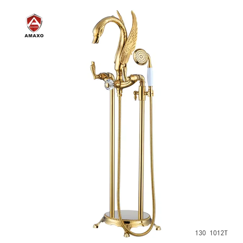 

Aida Swan Design Tub Filler Floor Standing Luxury Gold Appearance Floor Standing Bath Tub Faucet Brass Bathtub Freestanding Tap