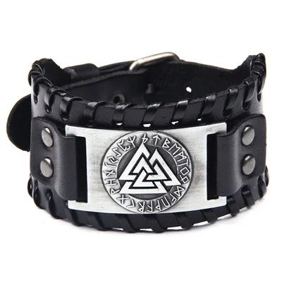 

Wholesale Viking 3 Triangles Embossed Wide Genuine Leather Bracelet Mens with Metal Buckle Adjustable, Black