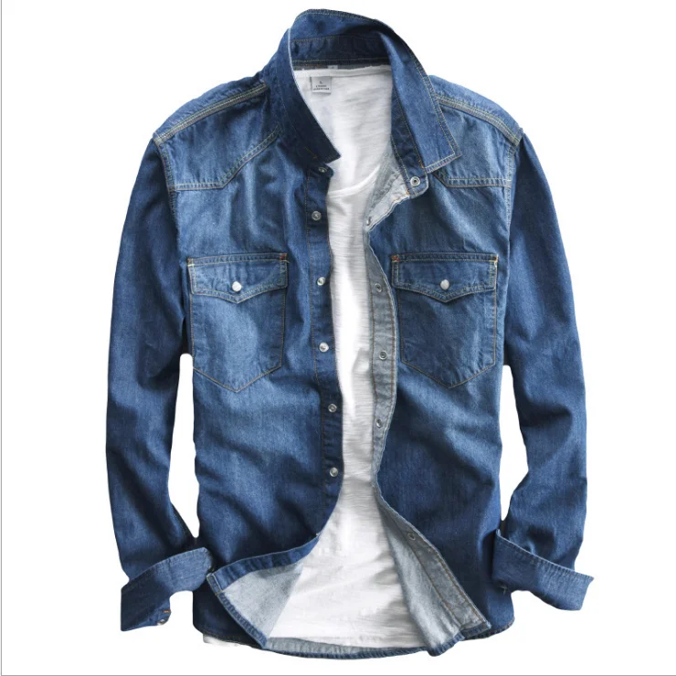

Latest Young Mens Two Pockets With Flaps Slim Fit Long Sleeve Washed Denim Jeans Shirt, Blue.can custom