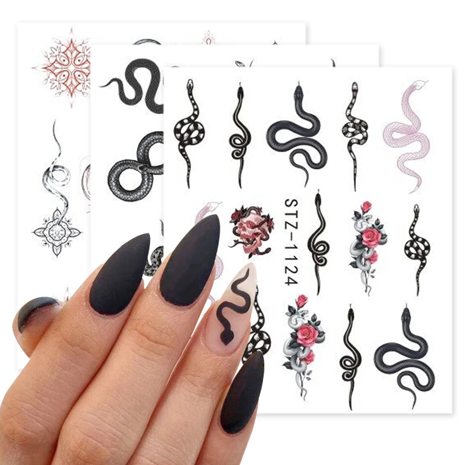 

STZ series Snake Nail Stickers Animal Design Black Temporary Tattoo Manicure Dragon Nail Decal Slider Water Wraps Tool