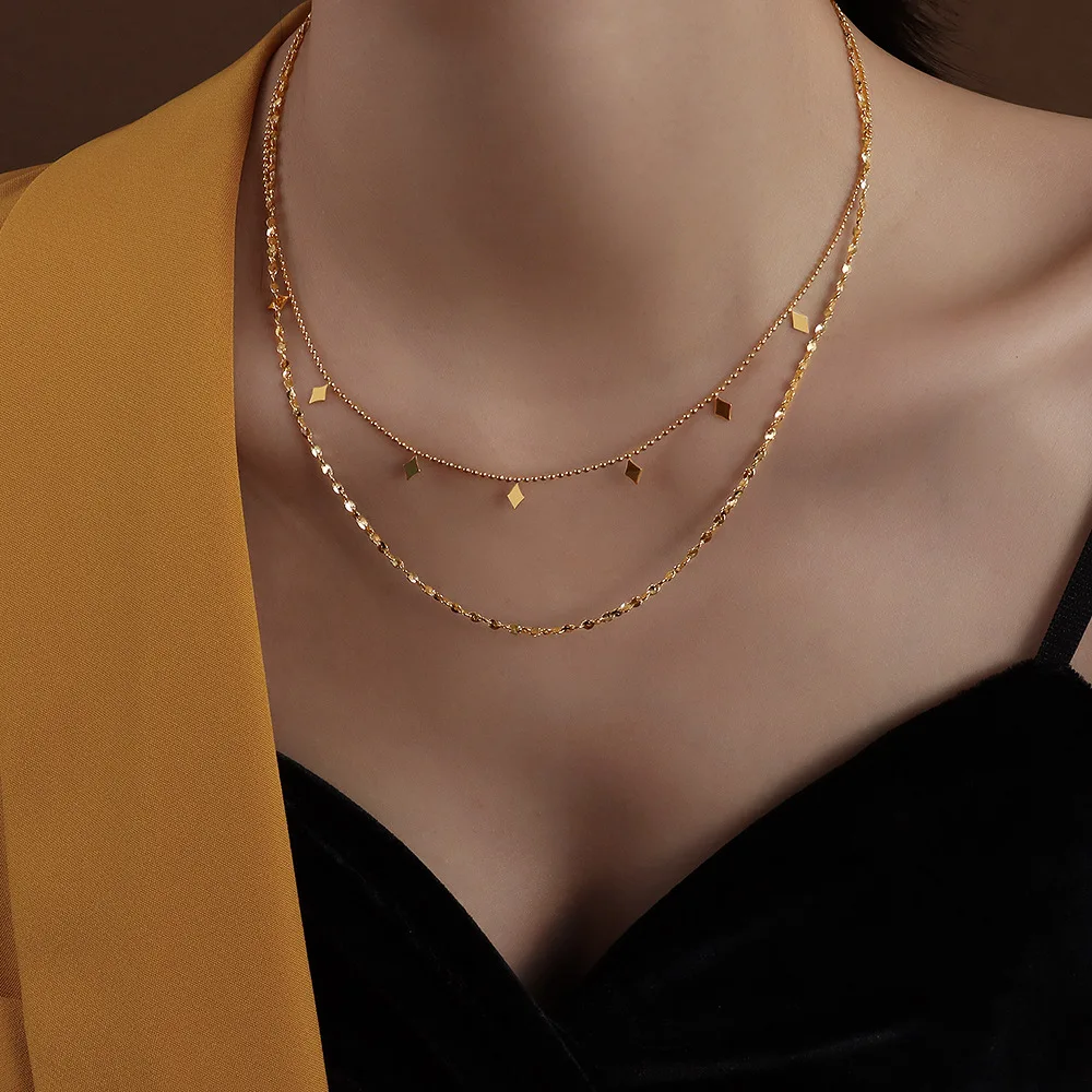

Fashion Jewelry Gold Plated Stainless Steel Double Layer Women Jewelry Necklaces
