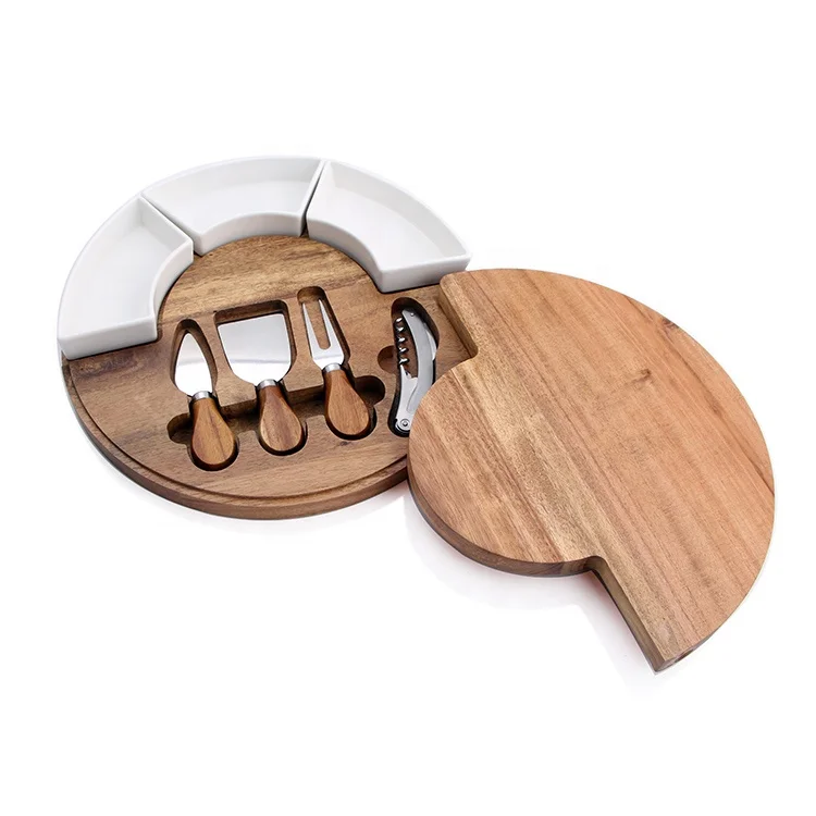 

Round Shape Acacia Wood Personalized Wholesale Cheese Boards With Drawer, Cheese Cutting Board And Knife Set With Dipping Bowl, Natural wood