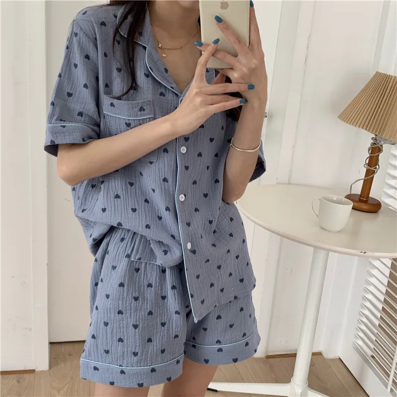 

Cute Heart Print Womens Pajamas Cotton Pyjamas Pijamas De Mujeres Nightwear Summer 2 Piece Sleepwear Pajama Shorts Set, Picture shows