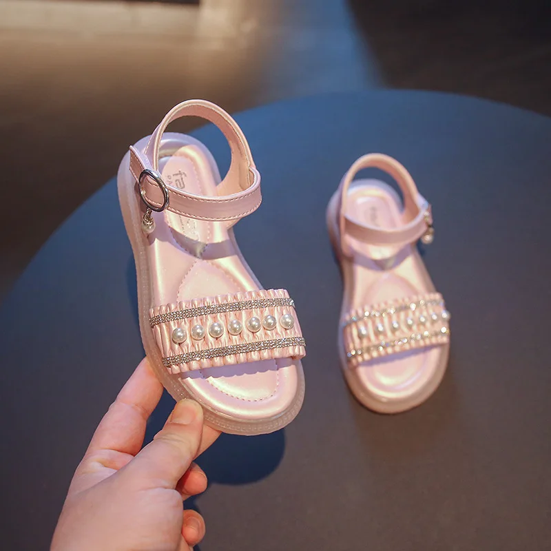 

2022 Children's sandals summer new girls rhinestone sparkling princess shoes girls pearl beach shoes, Pink/beige